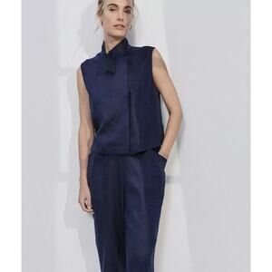 LUNYA Woven Linen Sleeveless Shirt - Navy Blue
